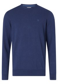 Marinblå tröja, rund halsringning, långa ärmar, ribbade ärmslut och nederkant, tillverkad av ett mjukt stickat material, med minimal logotyp.