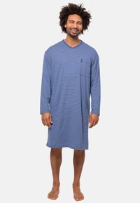 Camicia da notte blu a righe con maniche lunghe, colletto a V e taschino sul petto. Tessuto morbido con vestibilità comoda, design lunghezza ginocchio.