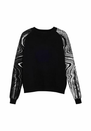 Un pull noir avec des manches texturées et à motifs en blanc et gris. Il a un col rond et des poignets et un ourlet côtelés. Fabriqué en matériau tricoté.