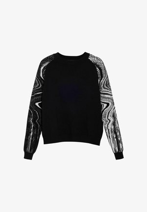 Maglione nero con maniche testurizzate e a motivo in bianco e grigio. Presenta un collo tondo e polsini e orlo a coste. Realizzato in materiale a maglia.