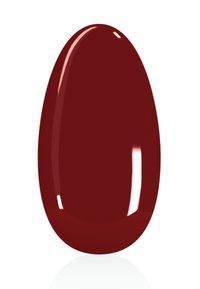 Smalto per unghie rosso scuro con finitura lucida, caratterizzato da una forma ovale con superficie liscia e riflettente.
