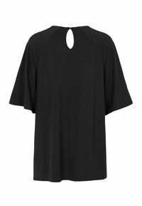 Schwarzes kurzärmliges Oberteil mit einem Rückenausschnitt, gefertigt aus einem weichen, glatten Stoff, mit einem lässigen Schnitt und abgerundetem Saum.