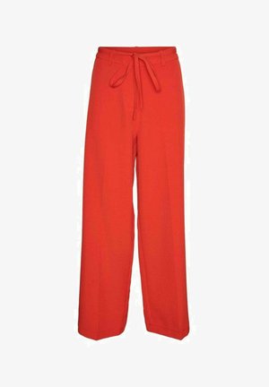 Pantaloni a gamba larga in tessuto rosso brillante, con cintura legata, texture liscia e senza motivi o dettagli visibili.