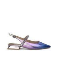 Metallischer Slingback-Schuh mit spitzer Zehenpartie, Farbverlauf in Blau und Lila, silbernen Akzenten und einem niedrigen Blockabsatz.