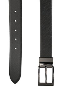 Black fabric belt with a textured surface, featuring five holes for adjustment and a shiny silver metal buckle.