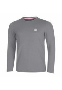 Langarmshirt aus meliertem grauem Stoff, mit geripptem Muster, Rundhalsausschnitt und kleinem gesticktem Logo auf der Brust.