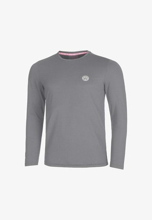 Langarmshirt aus meliertem grauem Stoff, mit geripptem Muster, Rundhalsausschnitt und kleinem gesticktem Logo auf der Brust.