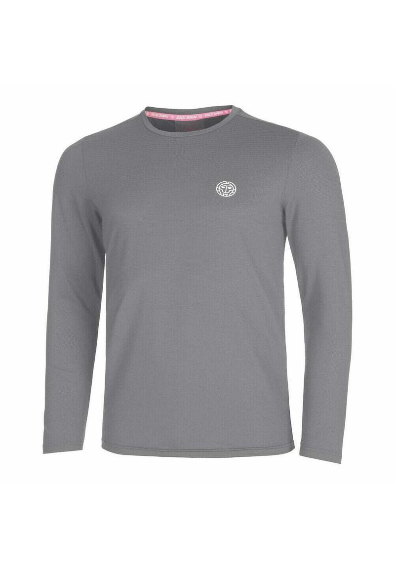 Langarmshirt aus meliertem grauem Stoff, mit geripptem Muster, Rundhalsausschnitt und kleinem gesticktem Logo auf der Brust.