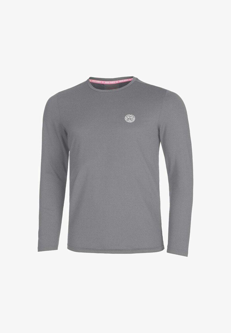 Langarmshirt aus meliertem grauem Stoff, mit geripptem Muster, Rundhalsausschnitt und kleinem gesticktem Logo auf der Brust.