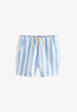 Sinised ja valged vertikaaltriibulised beebipüksid, millel on elastne vöökoht ja beež värvel, küljetaskud.