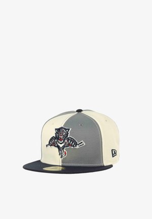 Two-tone beige and gray cap with a black visor featuring an embroidered panther holding a bat in its mouth on the front panel.