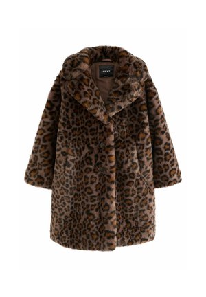Cappotto in pelliccia sintetica con stampa leopardata in marrone e nero, dotato di un collo ampio, due bottoni e una superficie morbida e strutturata.
