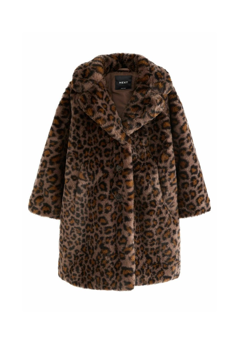 Manteau en fausse fourrure à imprimé léopard de couleur marron et noir, avec un large col, deux boutons et une surface douce et texturée.