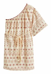 Off-shoulder kjole i creme med røde geometriske mønstre, korte ærmer, elastisk halsudskæring og stofbånd i taljen.