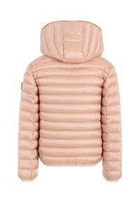 Giacca trapuntata leggera di colore rosa chiaro con cappuccio staccabile, texture a trapunta, polsini a costine e un piccolo logo sulla manica sinistra.