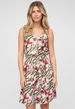 Floral print dress with a v-neckline, green and white zigzag pattern, pink flowers with yellow centers, elastic waist, and button accents.