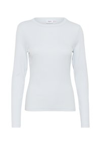 Ljusblå långärmad topp i ribbat tyg. Har rund halsringning och figursydd design, med slät yta och inga synliga dekorationer.