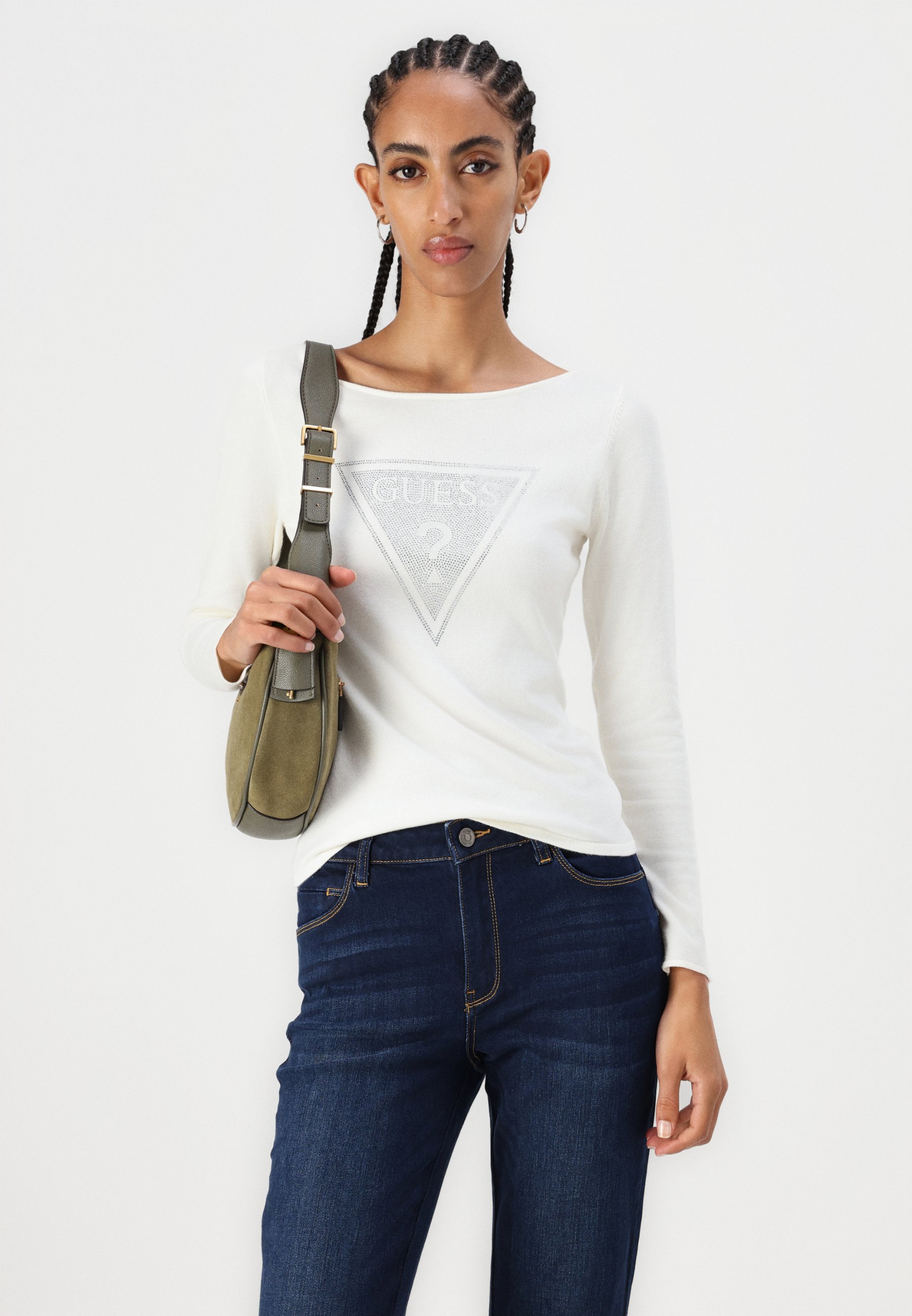 GUESS Damen Pullover Rylie – Mit Triangle-Logo, Weiß, Aus Viskose-Mix (82% Viskose, 16% Polyamid, 2% Elasthan)