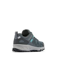 Gray hiking shoe with a textured mesh upper, turquoise accents, cushioned sole, and a rugged tread for traction.