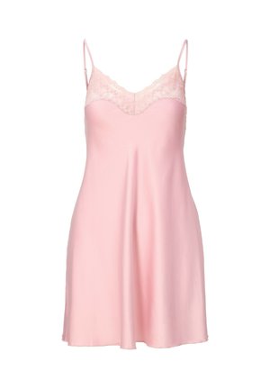 Blød pink satin natkjole med blondekant ved halsudskæringen og tynde justerbare skulderstropper, vist mod en hvid baggrund.