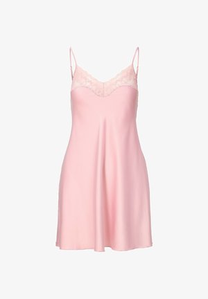 Pehmeä vaaleanpunainen satiininen liivimekko, jossa on pitsireunus pääntiessä ja ohuet säädettävät olkaimet, esitetty valkoista taustaa vasten.