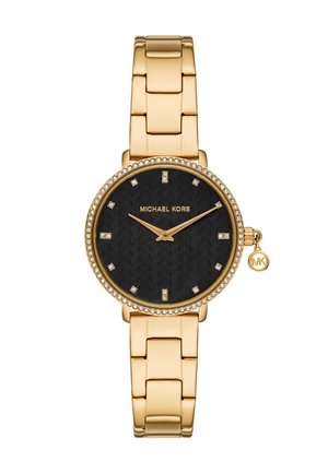 Orologio da polso Michael Kors color oro con quadrante nero testurizzato, indici delle ore in cristallo, lunetta in cristallo e bracciale a maglie dorate con ciondolo MK sulla corona.