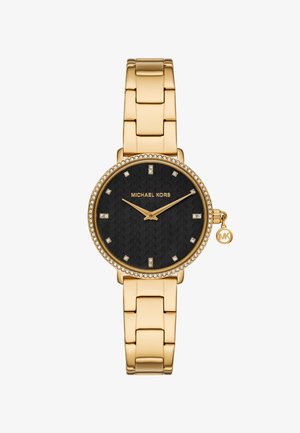 Orologio da polso Michael Kors color oro con quadrante nero testurizzato, indici delle ore in cristallo, lunetta in cristallo e bracciale a maglie dorate con ciondolo MK sulla corona.