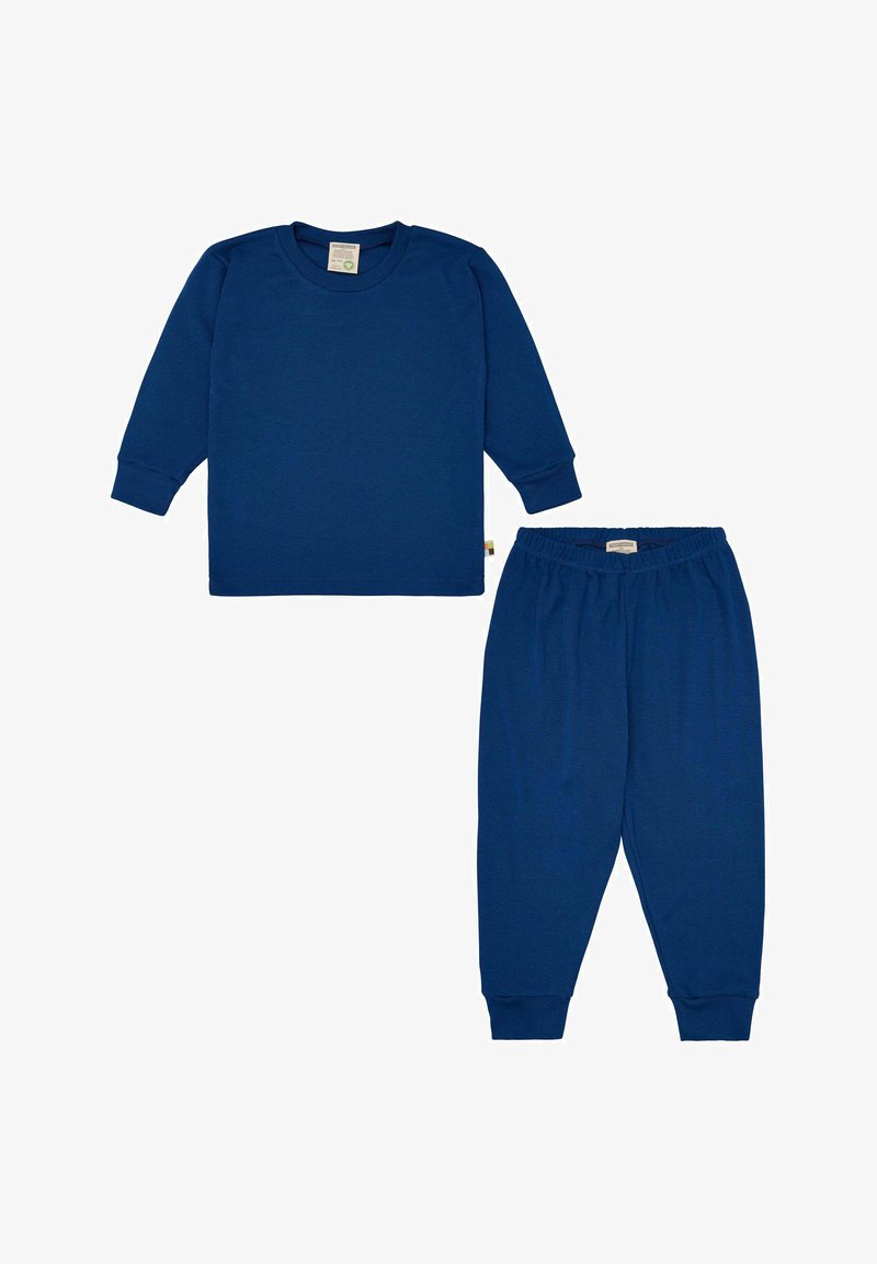 Maglietta a maniche lunghe in cotone blu navy e pantaloni abbinati. La maglietta ha un colletto rotondo; i pantaloni presentano un cinturino elastico in vita e polsini a gamba affusolata.