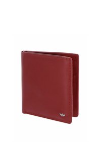 Portefeuille bifold en cuir rouge avec coutures visibles et petit emblème argenté ailé en bas à droite, légèrement ouvert.