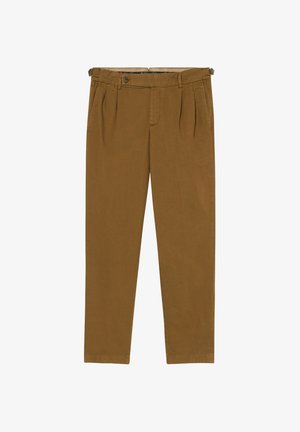 Braune maßgeschneiderte Hose mit Falten, Gürtelschlaufen, seitlichen Taschen und einem Knopfverschluss in der Taille.