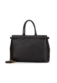 Borsa a mano in pelle nera con una texture a granulato, due manici superiori, una tracolla staccabile e minimalisti dettagli in metallo.