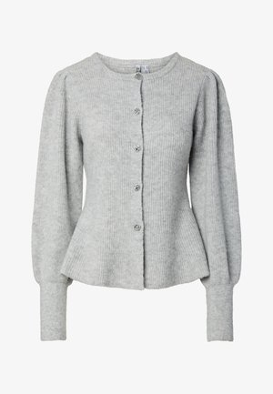 Hall äärega soonikkoes kardigan ümmarguse kaelusega, pikad kerge mahulisusega varrukad, vormitud vöökoht ja ees dekoratiivsed nööbid. Pehme tekstuur.