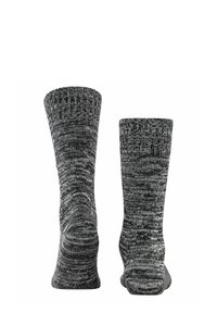 Szare skarpetki dziane z nierównomiernym wzorem, z prążkowanym mankietem i gładką teksturą. Odpowiednie do noszenia na co dzień i uniwersalnych stylizacji.