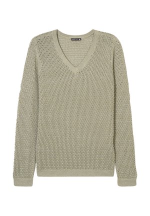 Hellgrüner, gestrickter Pullover mit V-Ausschnitt, langen Ärmeln und offener Strickstruktur. Die gerippten Bündchen und der Saum verleihen dem Design Struktur.