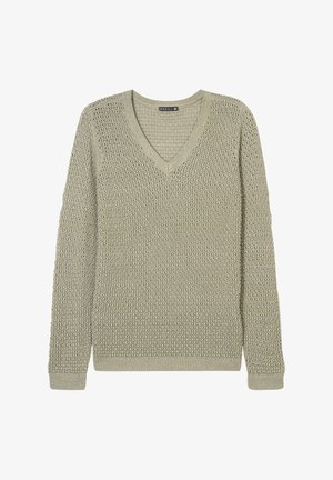 Maglione lavorato a maglia verde chiaro con scollo a V, maniche lunghe e struttura a tessitura aperta. Le finiture a costine sui polsini e sull'orlo aggiungono struttura al design.