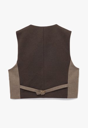 Gilet sans manches marron avec des côtés en tissu à carreaux et un détail de ceinture dans le dos. Texture lisse avec un design ajusté et une forme structurée.