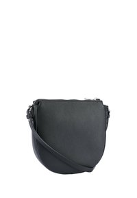 Borsa a tracolla nera in pelle con superficie testurizzata, forma semicircolare e chiusura con zip. Dotata di una tracolla regolabile per maggiore comodità.