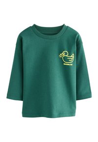 Zielony bawełniany sweatshirt z okrągłym dekoltem i rękawami 3/4, z grafiką żółtej kaczki oraz tekstem "QUACKING FUN" na klatce piersiowej.