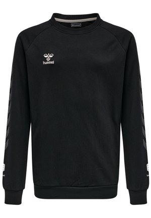 Zwarte sweatshirt van katoen met een ronde hals, voorzien van een logo op de borst en gestructureerde streep patronen langs de mouwen.