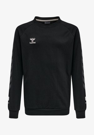 Czarna bluza z bawełny z okrągłym dekoltem, z logo na piersi oraz teksturowanymi paskami na rękawach.