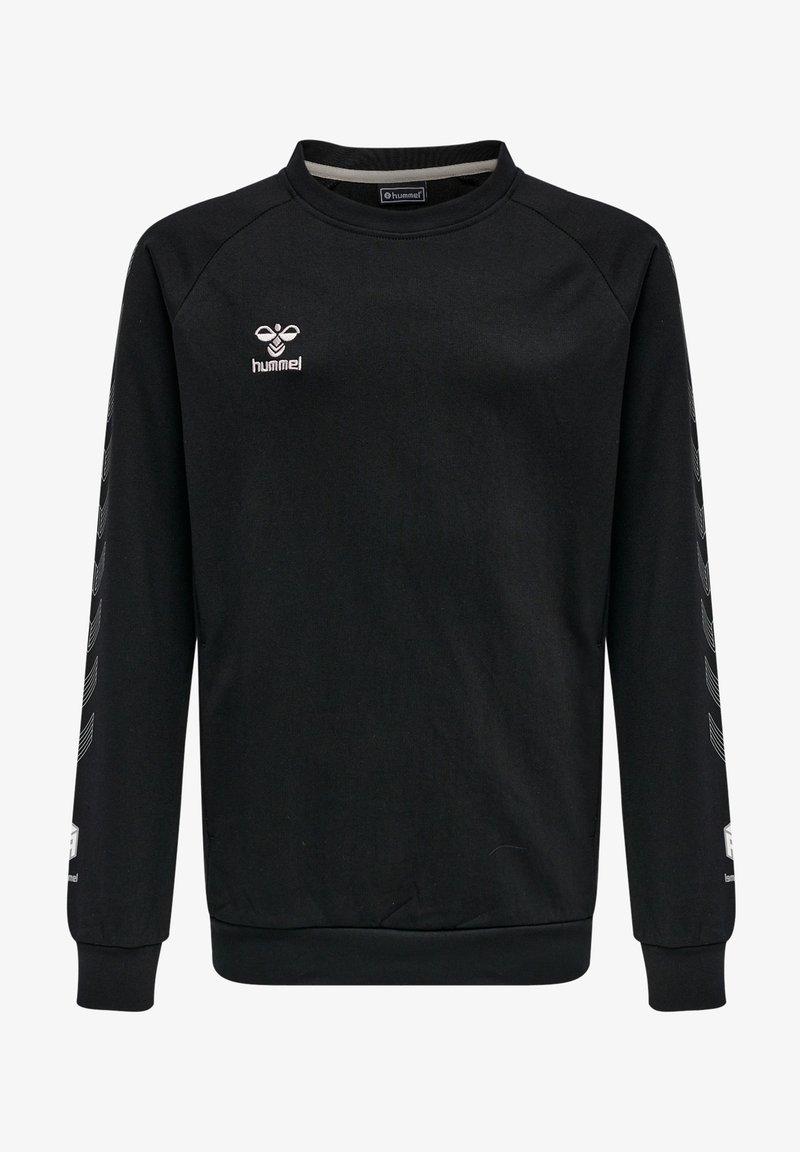 Svart sweatshirt i bomull med rund halsringning, med en logotyp på bröstet och texturerade randmönster längs ärmarna.