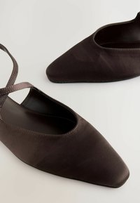 Ballerines en satin marron avec un bout pointu, dotées d'une lanière croisée et d'un côté ouvert. L'intérieur a une texture lisse et une semelle plate.