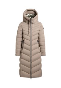 Lang beige dunjakke med chevron-quilting, høj krave og aftagelig hætte. Har lynlåslukning og sidelommer.