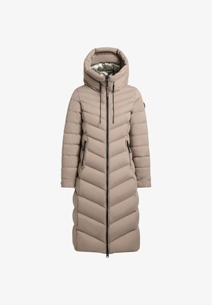 Langer beiger Steppmantel mit Chevron-Quilting, hohem Kragen und abnehmbarem Kapuzen. Mit Reißverschluss und Seitentaschen ausgestattet.