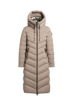 Abrigo acolchado beige con un patrón en zigzag, capucha ajustable, cremallera frontal y bolsillos laterales. Tejido suave con un forro interior brillante.