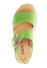 Green suede sandal with two wide straps, a circular wood accent at the ankle, and a tan cushioned footbed. Brand logo visible inside.
