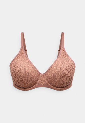 Φιμέ ανοιχτό καφέ δαντελένιο σουτιέν με μπανέλα, ρυθμιζόμενους ιμάντες και λεία καλουπωμένα κύπελλα σε απλό φόντο.