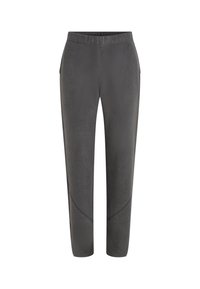 Pantalones de felpa grises con un ajuste entallado, que cuentan con bolsillos laterales y sutiles acentos de panel curvado. Textura suave y cinturilla elástica.