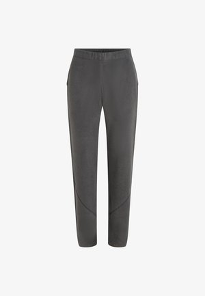 Graue Fleece-Hose mit schmalem Schnitt, ausgestattet mit seitlichen Taschen und dezenten, gewölbten Panelakzenten. Weicher Stoff und elastischer Bund.