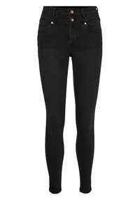 Černé skinny džíny s vysokým pasem vyrobené z denimu, se dvěma měděnými knoflíky, dvěma předními kapsami a hladkou texturou.